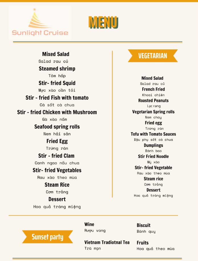 sunlight cruise halong bay menu
