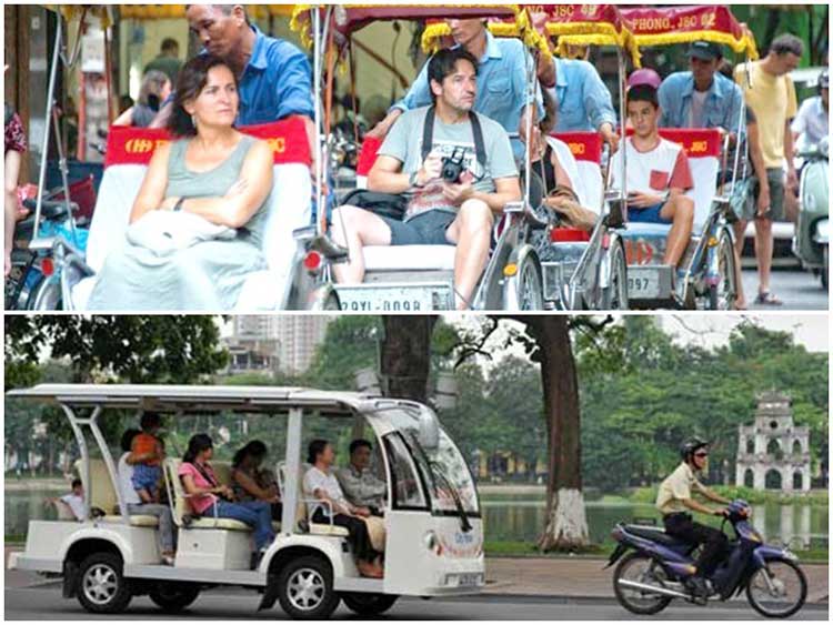 Rickshaw or electric car in hanoi old quarter